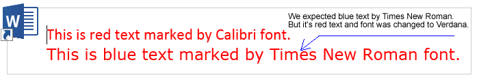 две строки красного цвета каждая шрифтом 'Calibri'