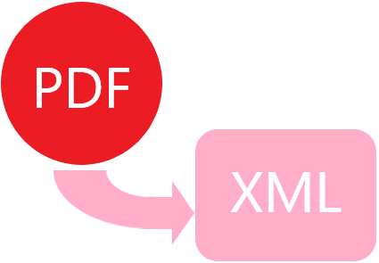 схема перехода красного круга с надписью PDF в розовый прямоугольник с надписью XML