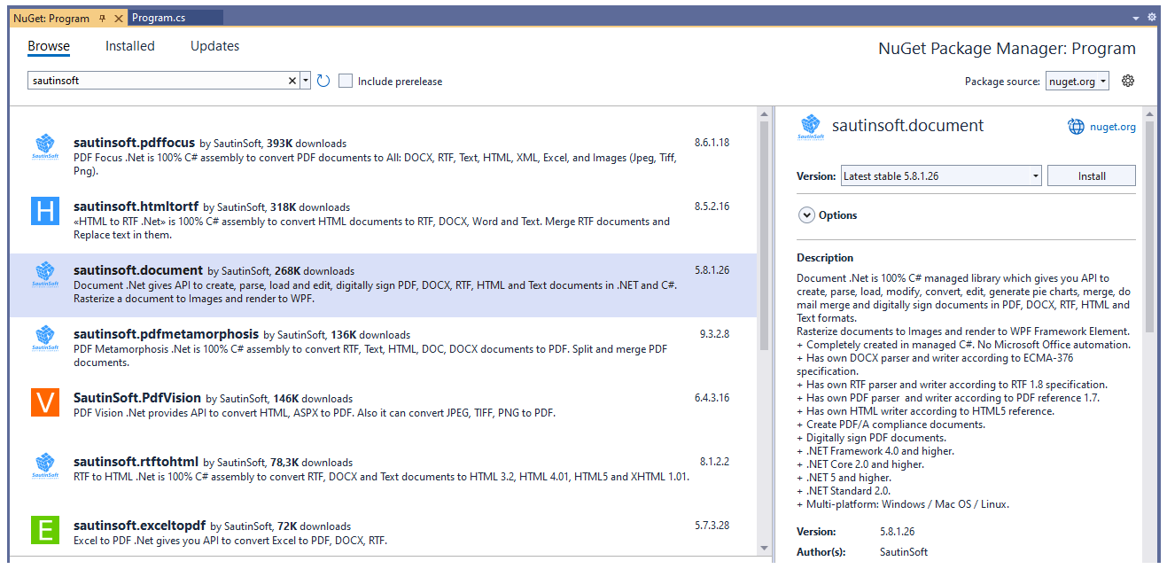 Установка используя nuget