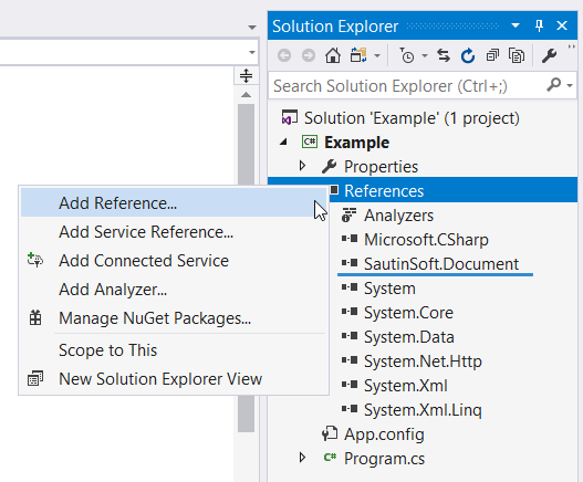 Add reference to SautinSoft.Document.dll.