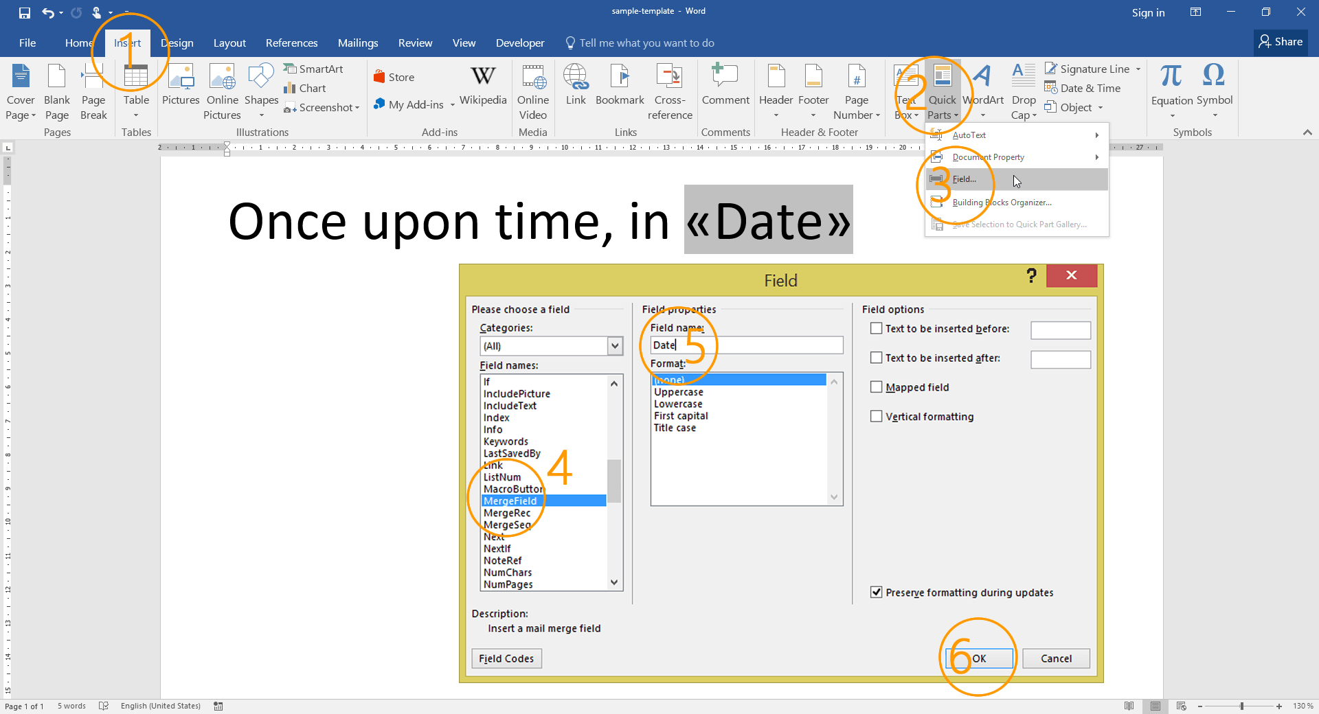 How to create a template with Merge Fields in MS Word