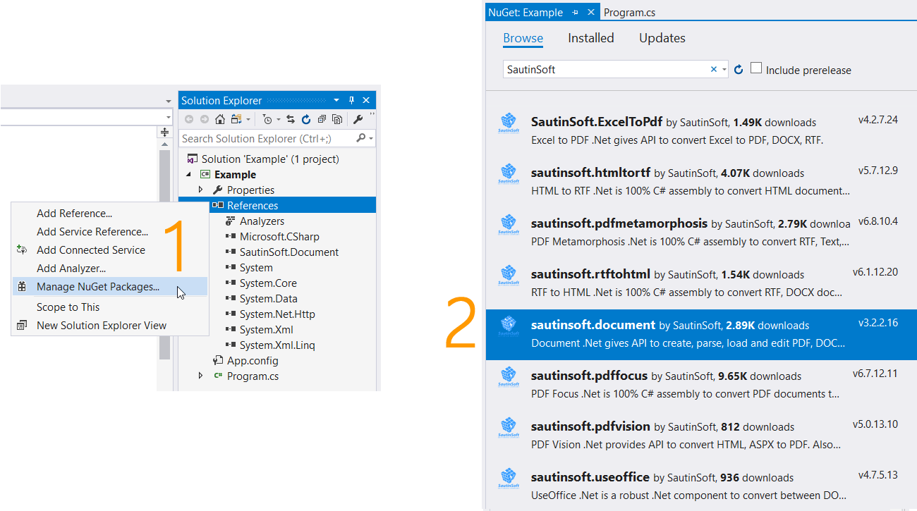 Add SautinSoft.Document.dll via Nuget.