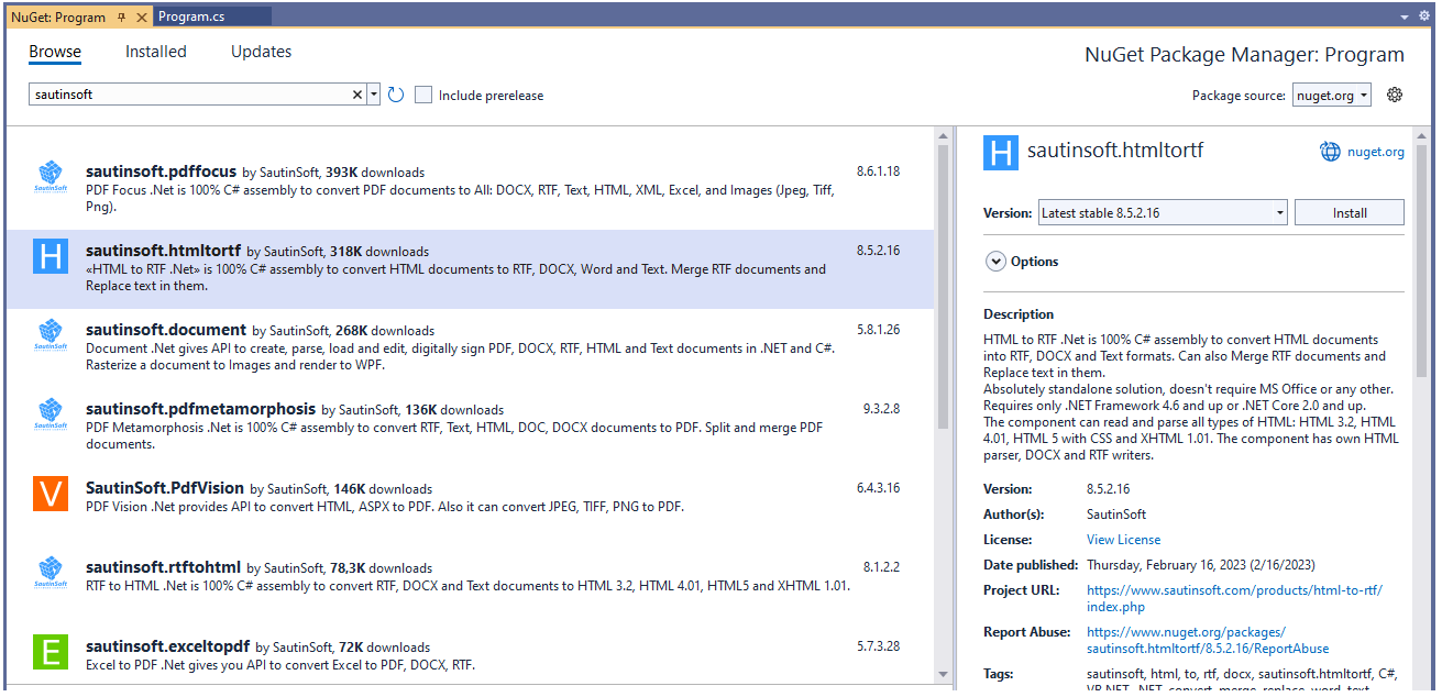 Установка используя nuget