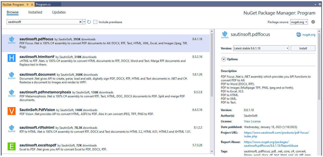 Установка используя NuGet