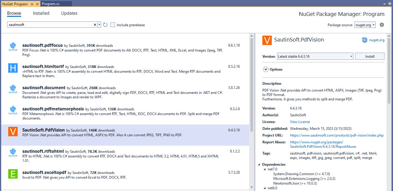 Установка используя nuget