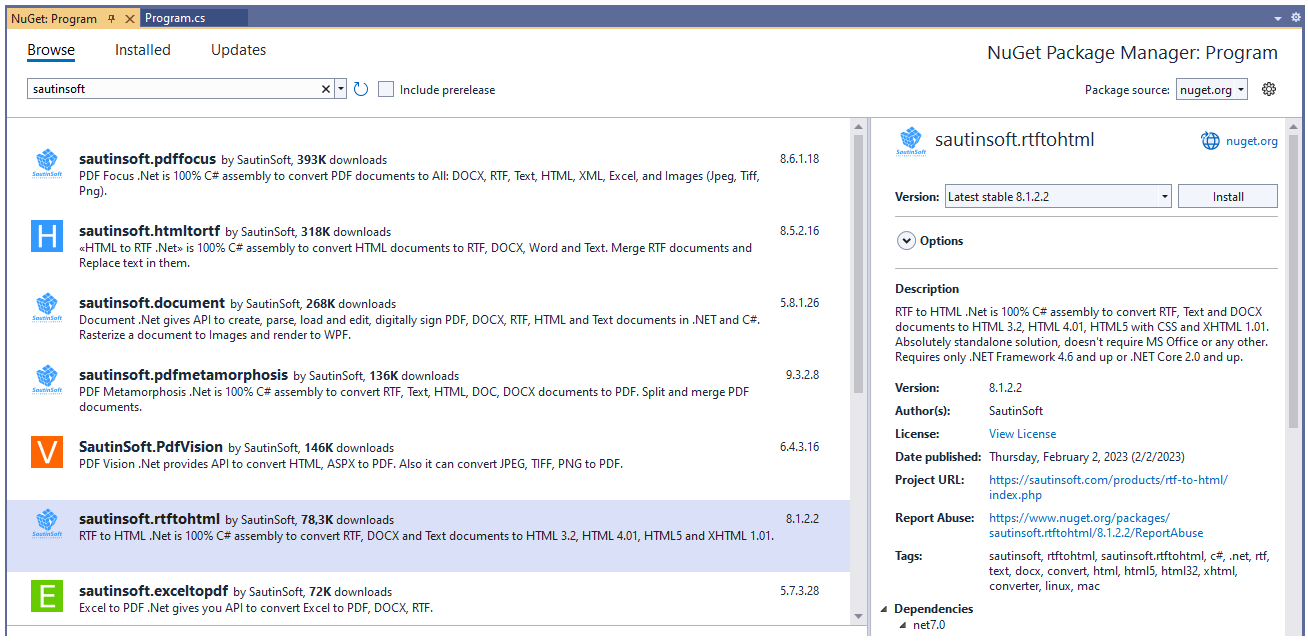 Установка используя nuget