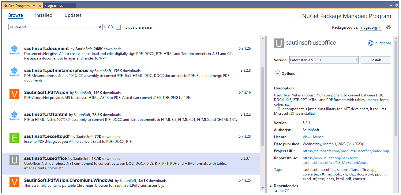 Установка используя nuget
